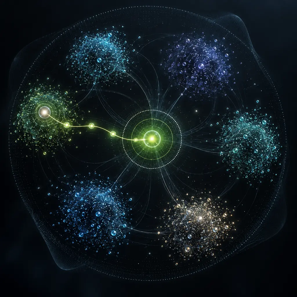 Abstract visualization of semantic retrieval clusters and an evidence path